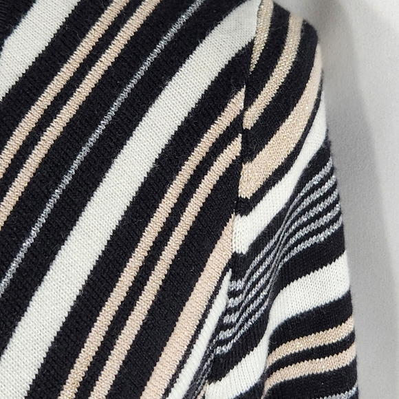 7th Avenue NWOT Black Tan White Grey Sparkly Asymmetrical Stripe Cardigan Medium - Picture 2 of 11